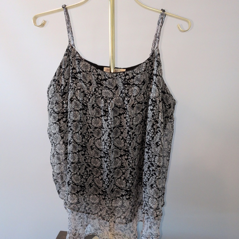 Faded Glory Camisole Top Women XL Black White Floral Chiffon Layered High-Low